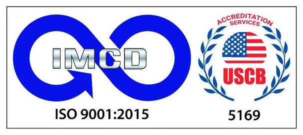 IMCD ISO 9001:2015 certification mark, USCB accredited, certificate 5169.